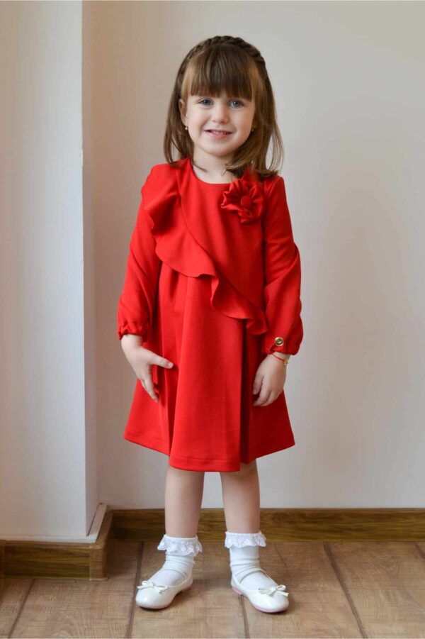 Rochita pentru fetite Dy Fashion rosie cu volanas si floare 3D