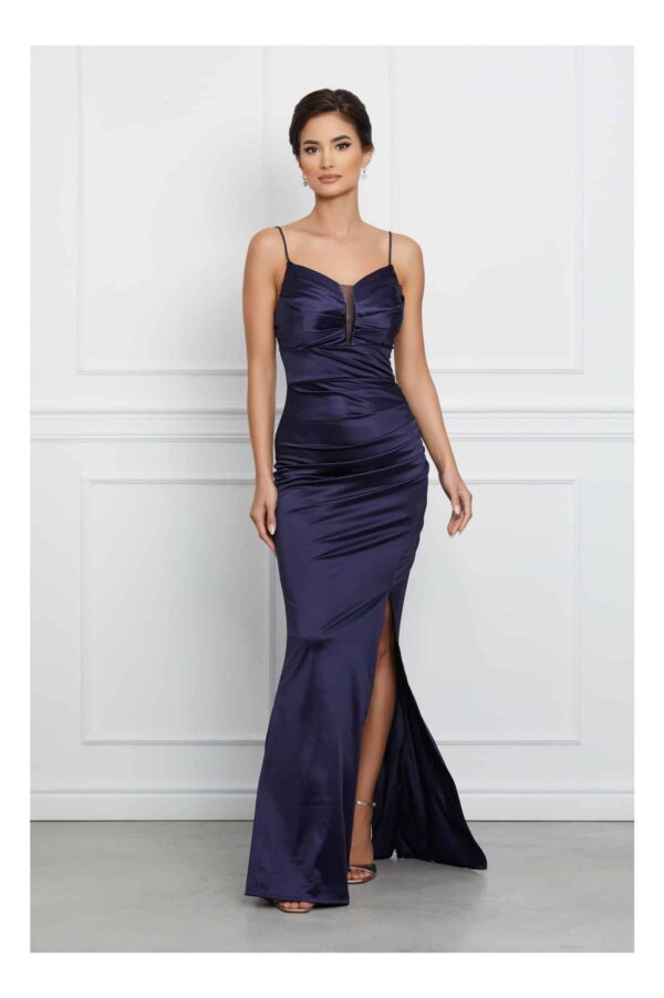 Rochie Alexandra bleumarin lunga din satin cu bretele subtiri