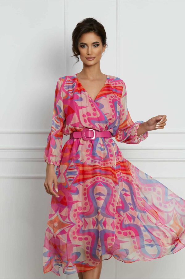Rochie Claire fucsia cu imprimeu geometric si curea in talie