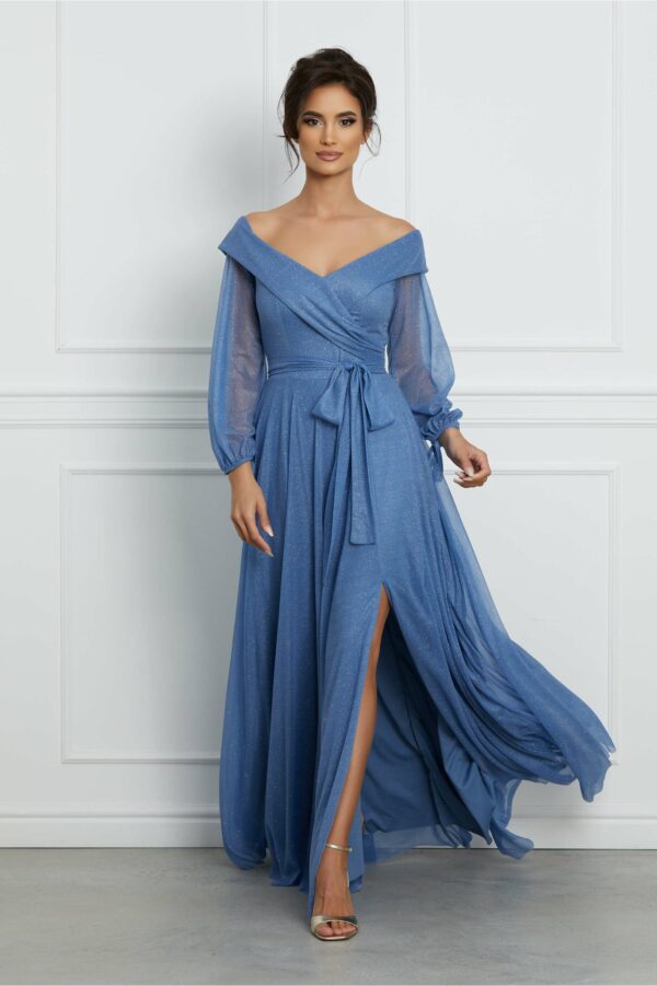 Rochie Cristina bleu lunga cu maneci lungi si slipici