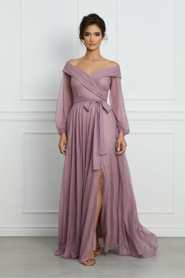 Rochie Cristina roz lunga cu maneci lungi si slipici