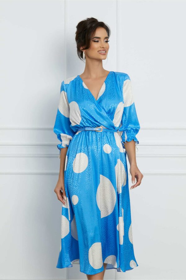 Rochie Daniela albastra cu buline si curea in talie