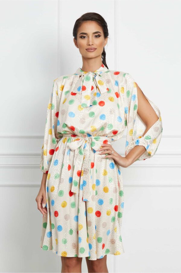 Rochie Daniela bej cu buline colorate si cordon in talie
