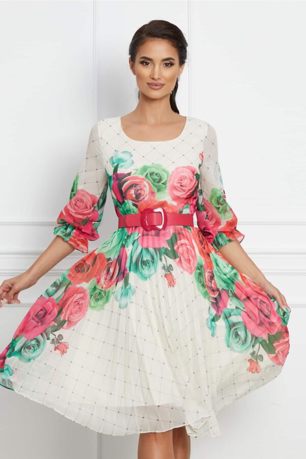 Rochie Dianne ivory cu imprimeuri fucsia si curea in talie