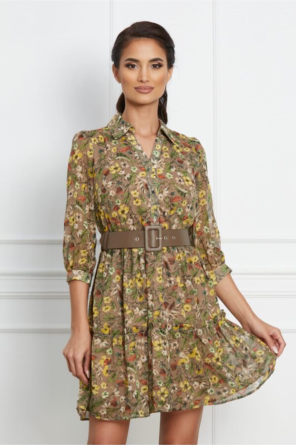 Rochie Dorina kaki cu imprimeuri florale galbene si curea in talie