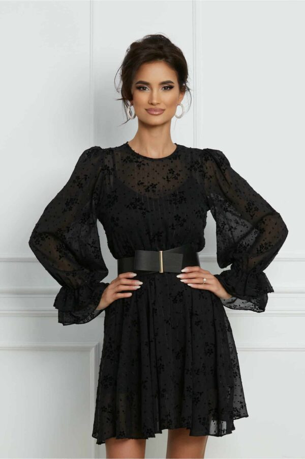 Rochie Doris neagra cu insertii florale catifelate si curea in talie