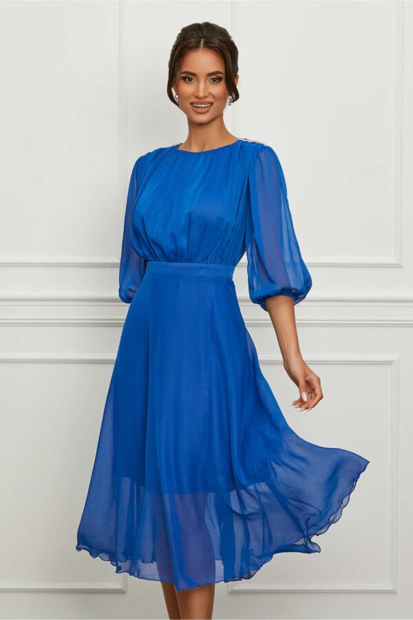 Rochie Dy Fashion albastra cu accesorii stralucitoare pe umeri