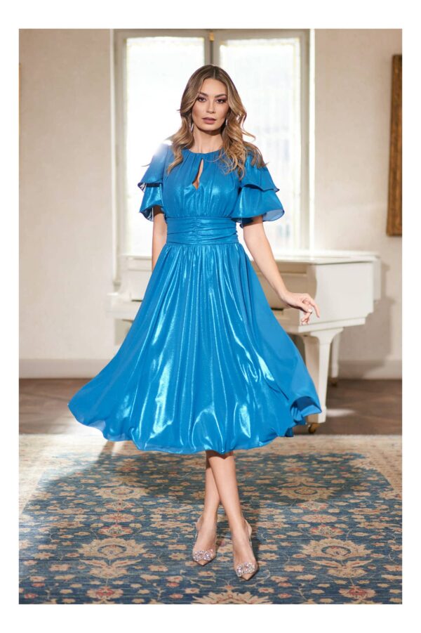 Rochie Dy Fashion albastru metalizat cu volane pe maneci