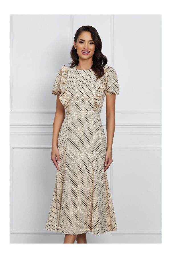 Rochie Dy Fashion bej cu buline si volanase la bust