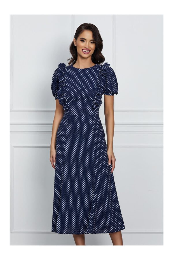 Rochie Dy Fashion bleumarin cu buline si volanase la bust