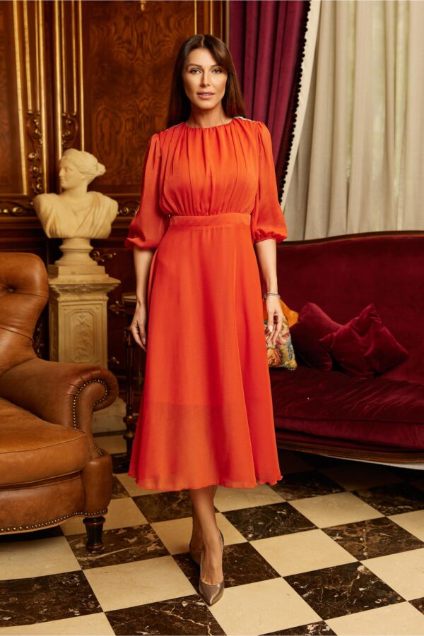 Rochie Dy Fashion caramizie cu accesorii stralucitoare pe umeri