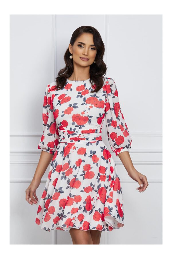 Rochie Dy Fashion din voal alba cu flori rosii