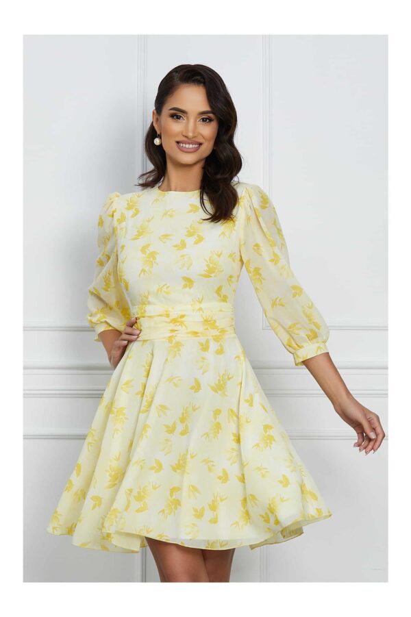 Rochie Dy Fashion din voal galbena cu imprimeu