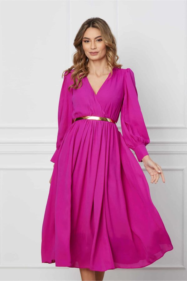 Rochie Dy Fashion fucsia cu decolteu petrecut si curea in talie