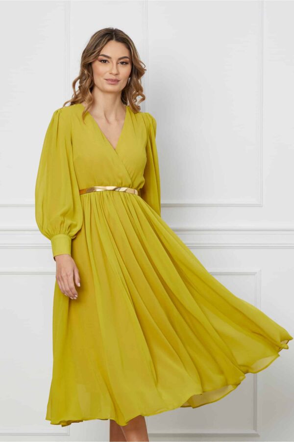 Rochie Dy Fashion galben lime cu decolteu petrecut si curea in talie