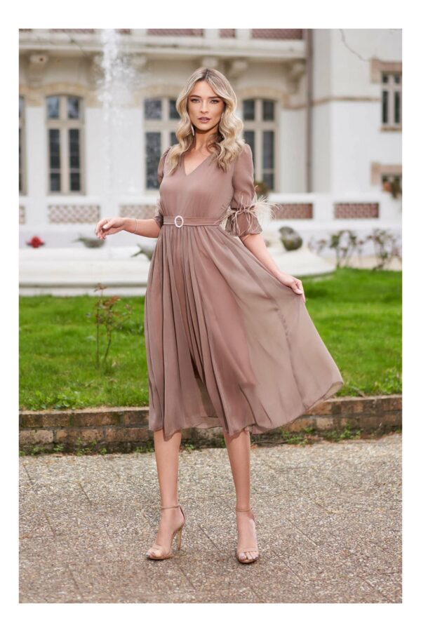 Rochie Dy Fashion maro din voal cu pene la maneci