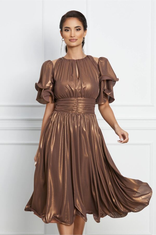 Rochie Dy Fashion maro metalizat cu volane pe maneci