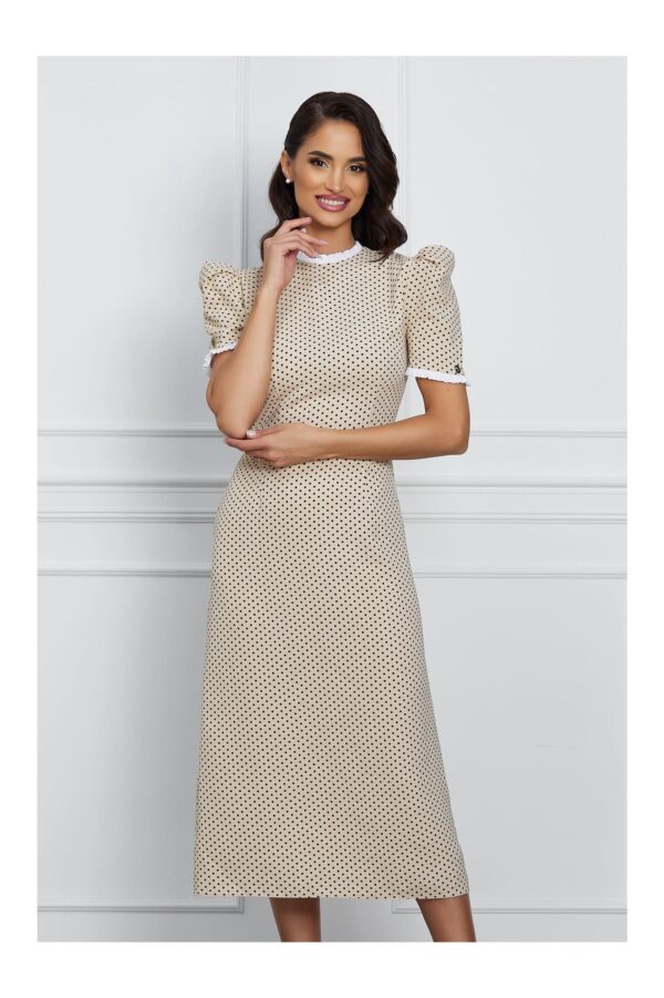 Rochie Dy Fashion midi bej cu buline si umeri bufanti