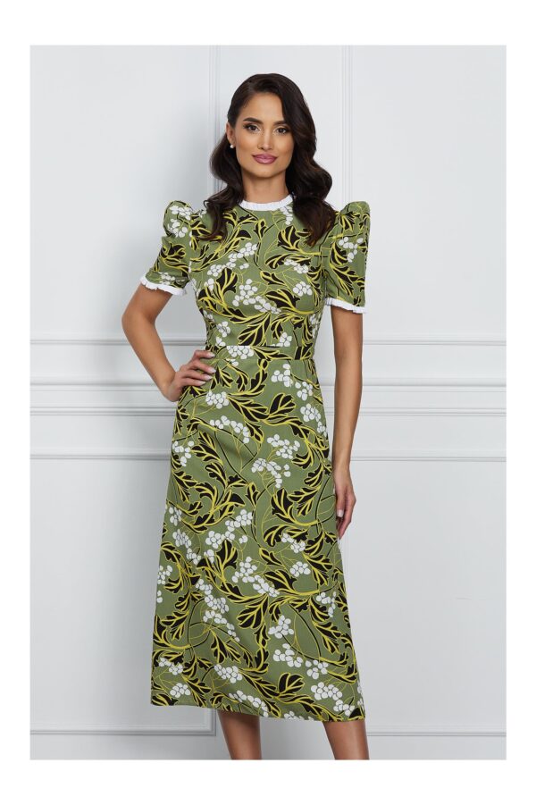 Rochie Dy Fashion midi kaki cu imprimeu si umeri bufanti