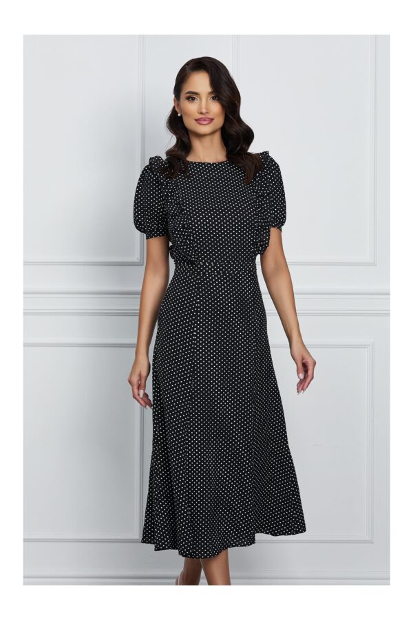 Rochie Dy Fashion neagra cu buline si volanase la bust
