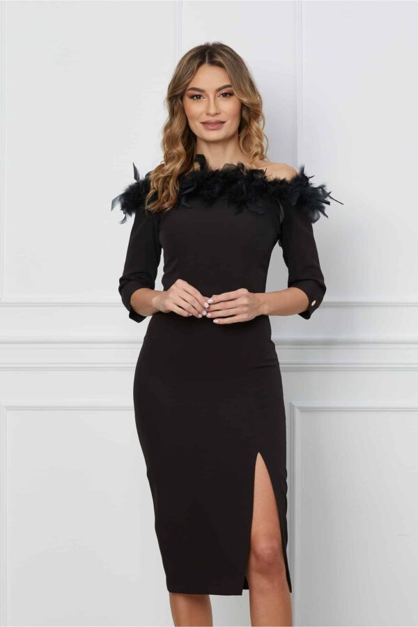 Rochie Dy Fashion neagra cu pene si umeri goi