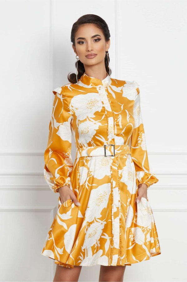 Rochie Dy Fashion scurta galbena cu imprimeuri si curea in talie