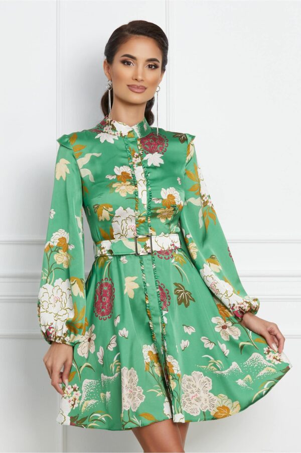 Rochie Dy Fashion scurta verde cu imprimeuri si curea in talie