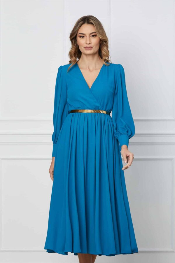Rochie Dy Fashion turcoaz cu decolteu petrecut si curea in talie
