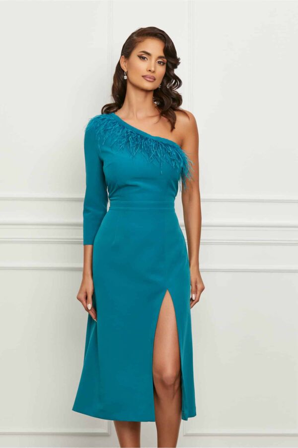 Rochie Dy Fashion turcoaz cu pene la bust si crepeu maxi pe fusta