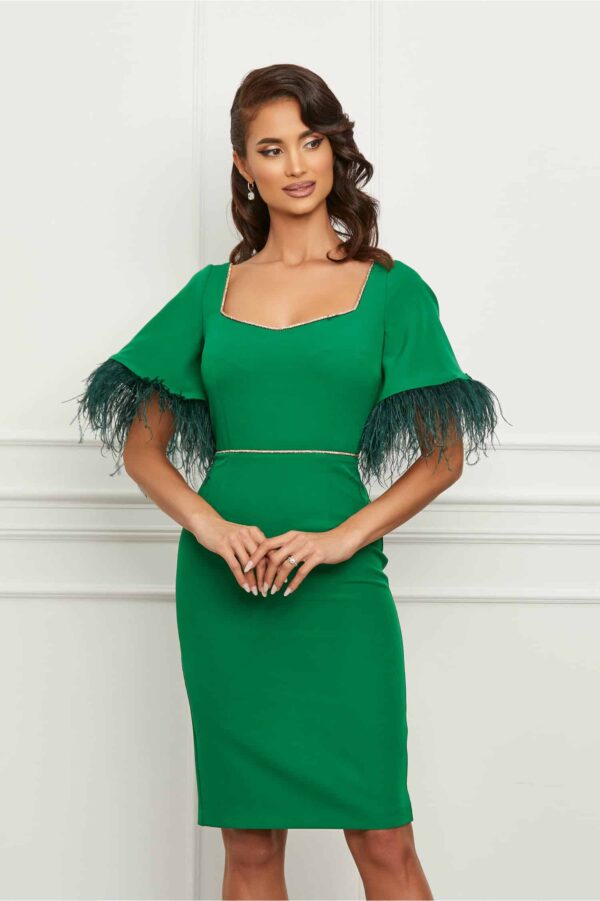 Rochie Dy Fashion verde cu pene la maneci si insertie stralucitoare