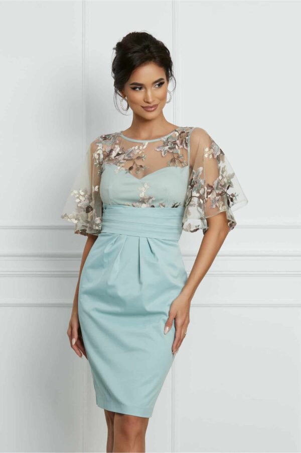 Rochie Dy Fashion verde mint din tafta cu dantela florala la bust