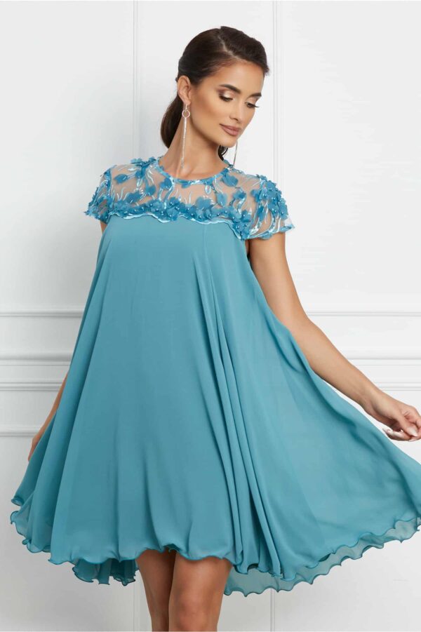 Rochie Ella Collection Adelin turcoaz cu broderie la bust