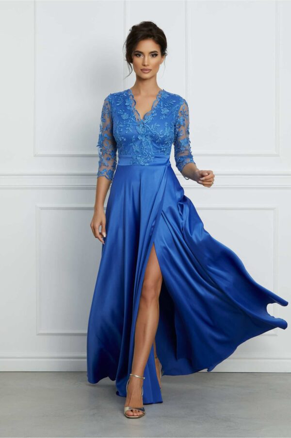 Rochie Ella Collection Asia lunga albastra din tafta cu broderie la bust