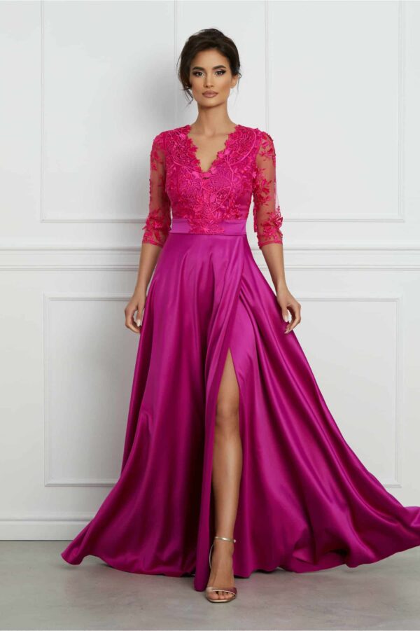 Rochie Ella Collection Asia lunga fucsia din tafta cu broderie la bust