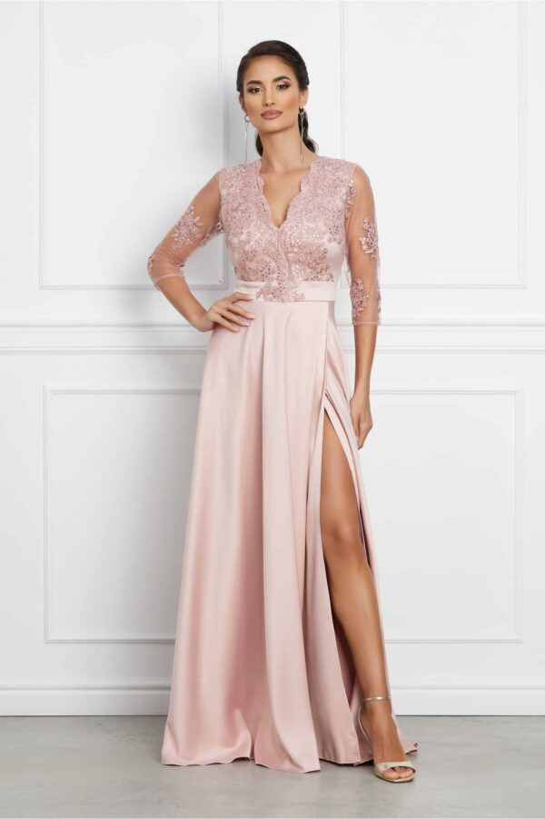 Rochie Ella Collection Asia lunga roz din tafta cu broderie la bust