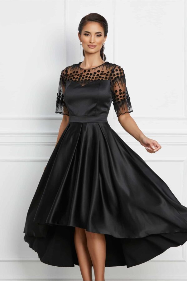 Rochie Ella Collection Brinda neagra din tafta cu lungime asimetrica