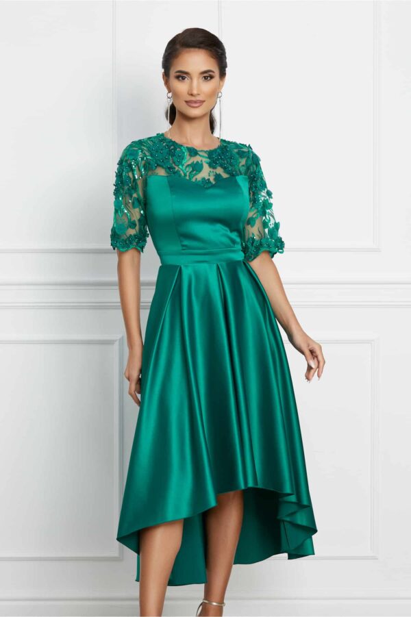 Rochie Ella Collection Brinda verde din tafta cu lungime asimetrica