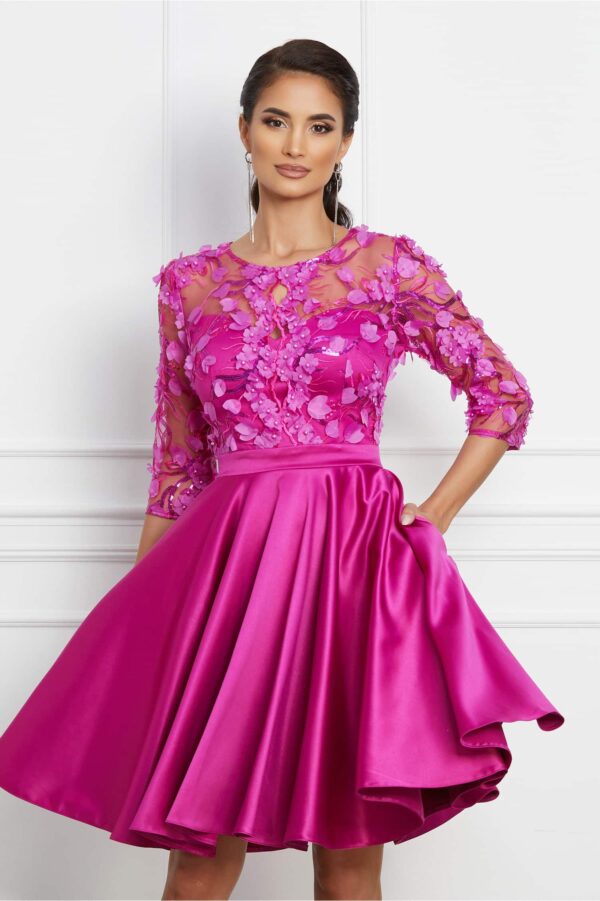 Rochie Ella Collection Cindy fucsia din tafta cu broderie la bust