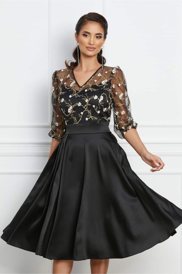 Rochie Ella Collection Maria neagra cu broderie florala bej la bust