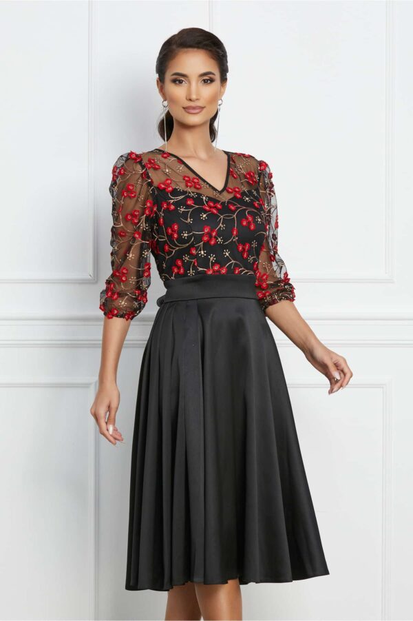 Rochie Ella Collection Maria neagra cu broderie florala rosie la bust