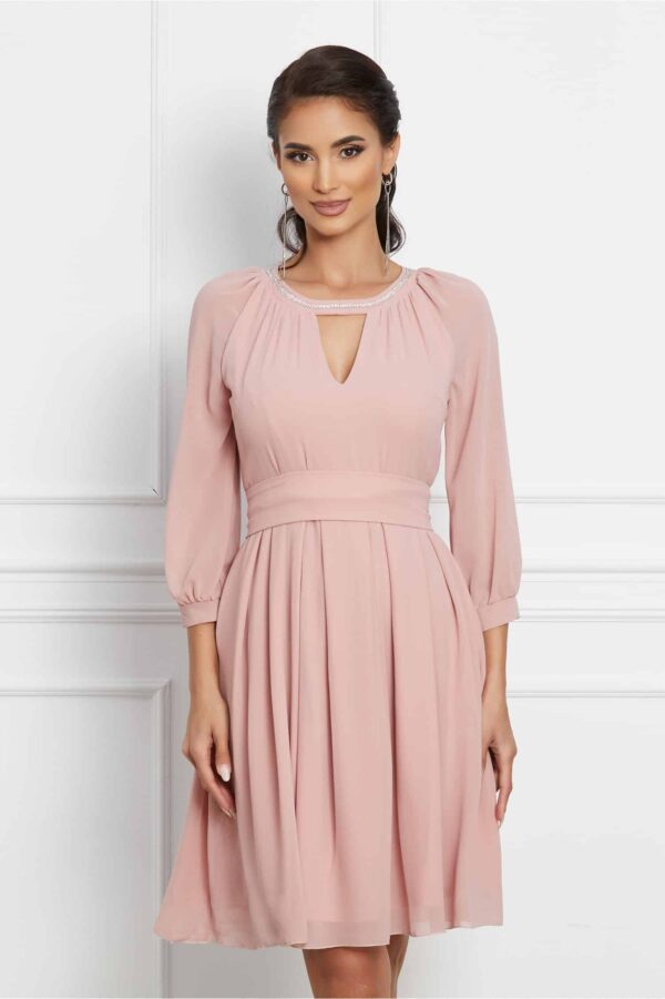 Rochie Ella Collection Olivia roz cu pliuri pe fusta si cordon in talie