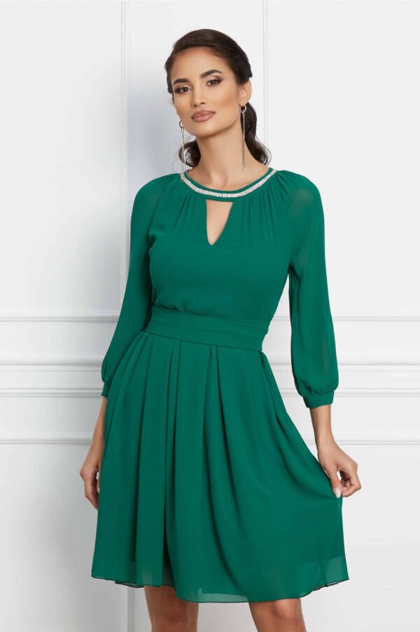 Rochie Ella Collection Olivia verde cu pliuri pe fusta si cordon in talie