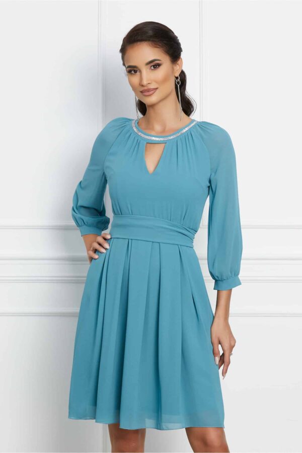 Rochie Ella Collection Olivia verde mint cu pliuri pe fusta si cordon in talie