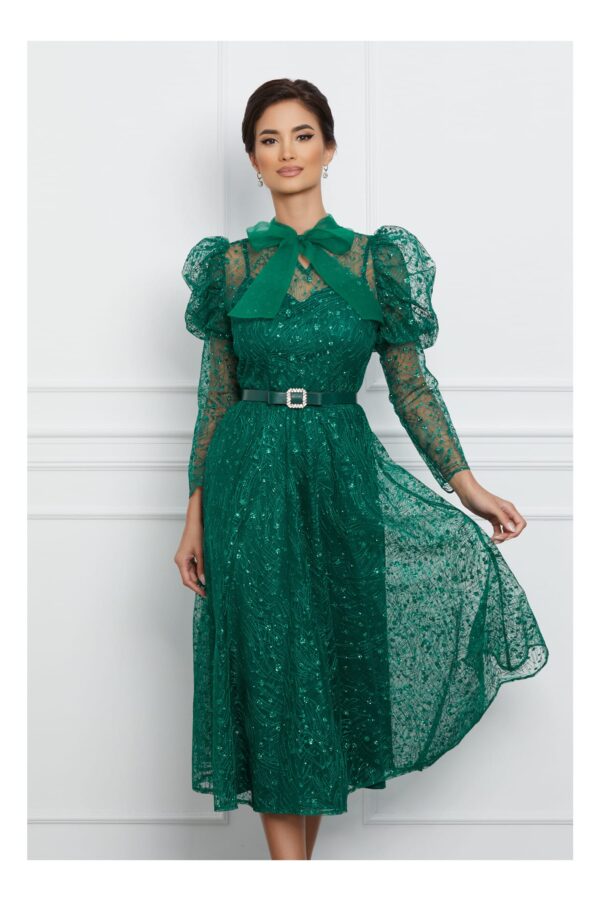 Rochie Ina verde cu glitter si funda din organza