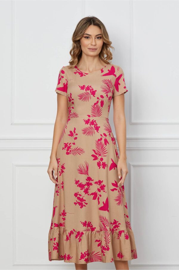 Rochie Ioana bej cu imprimeuri florale fucsia si volan la baza
