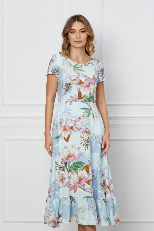 Rochie Ioana bleu cu imprimeuri florale si volan la baza