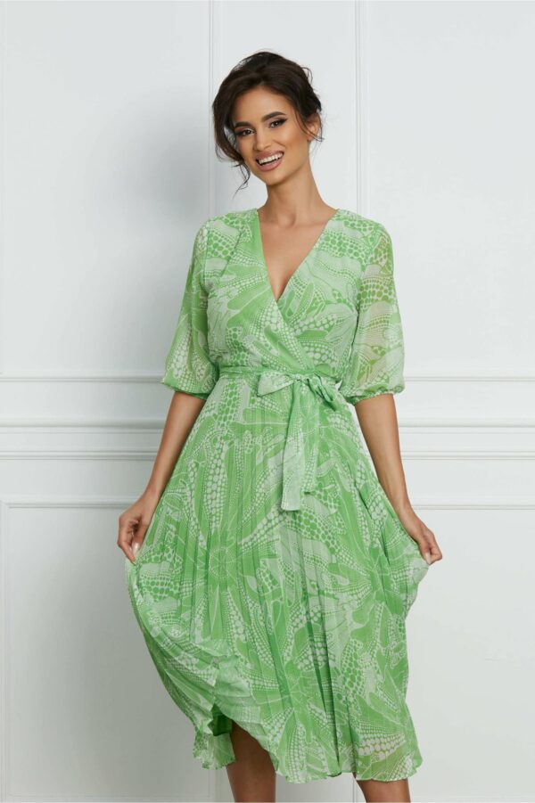 Rochie Julia verde cu imprimu alb si fusta plisata