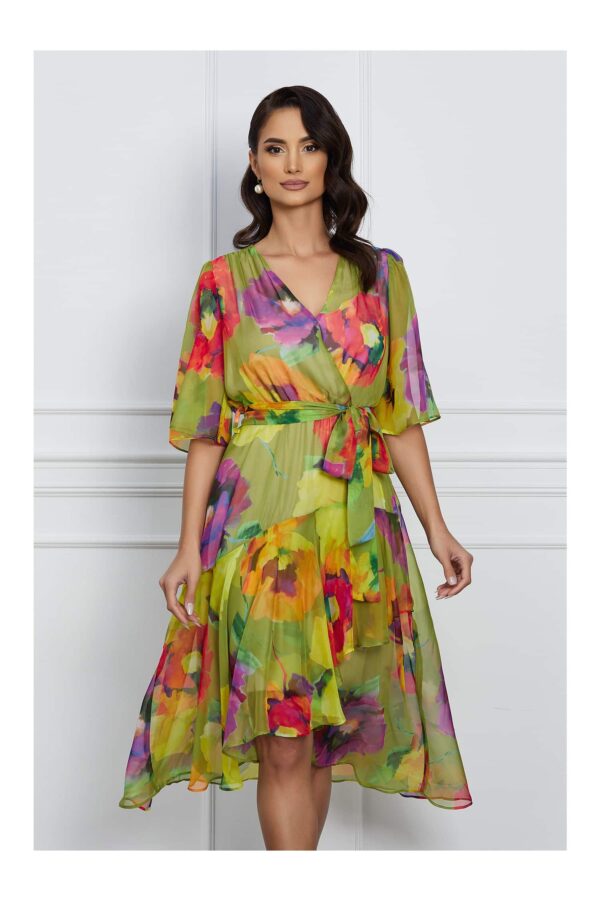 Rochie Kerry verde cu imprimeu mov si volan pe fusta