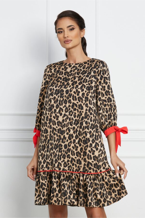 Rochie LaDonna cu animal print bej cu mansete corai