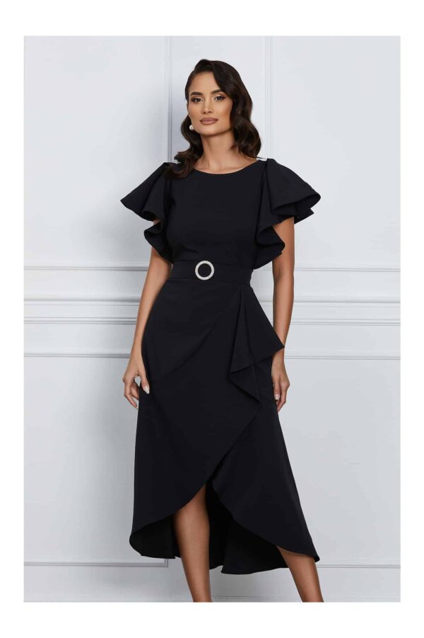 Rochie LaDonna neagra cu volan pe fusta si cordon cu catarama in talie